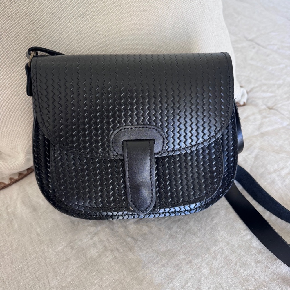 NEW Black Woven Leather Crossbody Bag - Made in Greece
